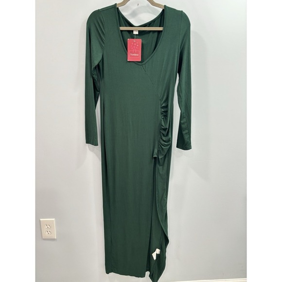 NEW Verdusa Green Long Sleeve Maxi Going Out Dress Ruched Side Slit Bodycon L - Picture 1 of 8